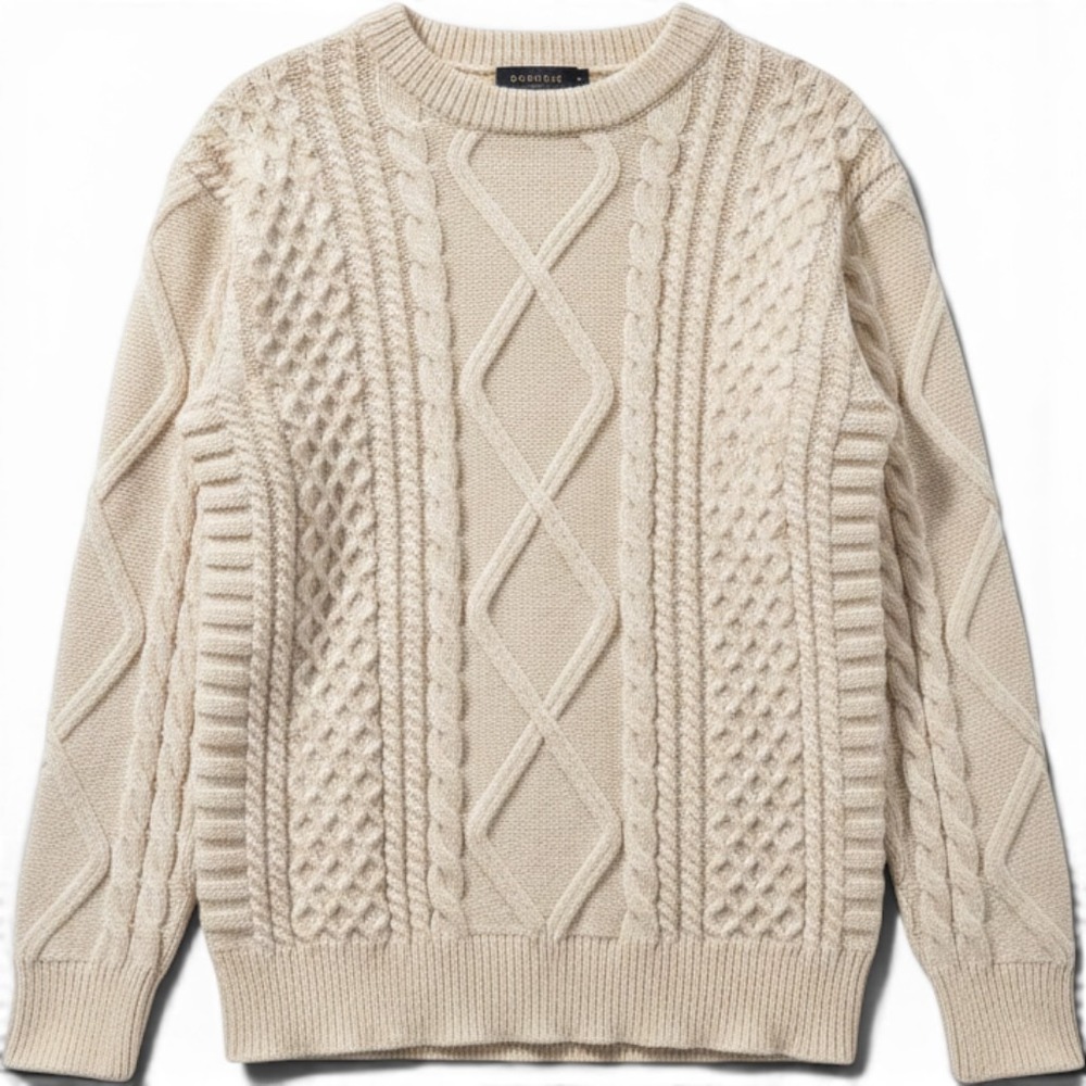 Aelfric Eden Cable Knit Sweater Mens Medium Cream Diamond Mixed Knit Pullover